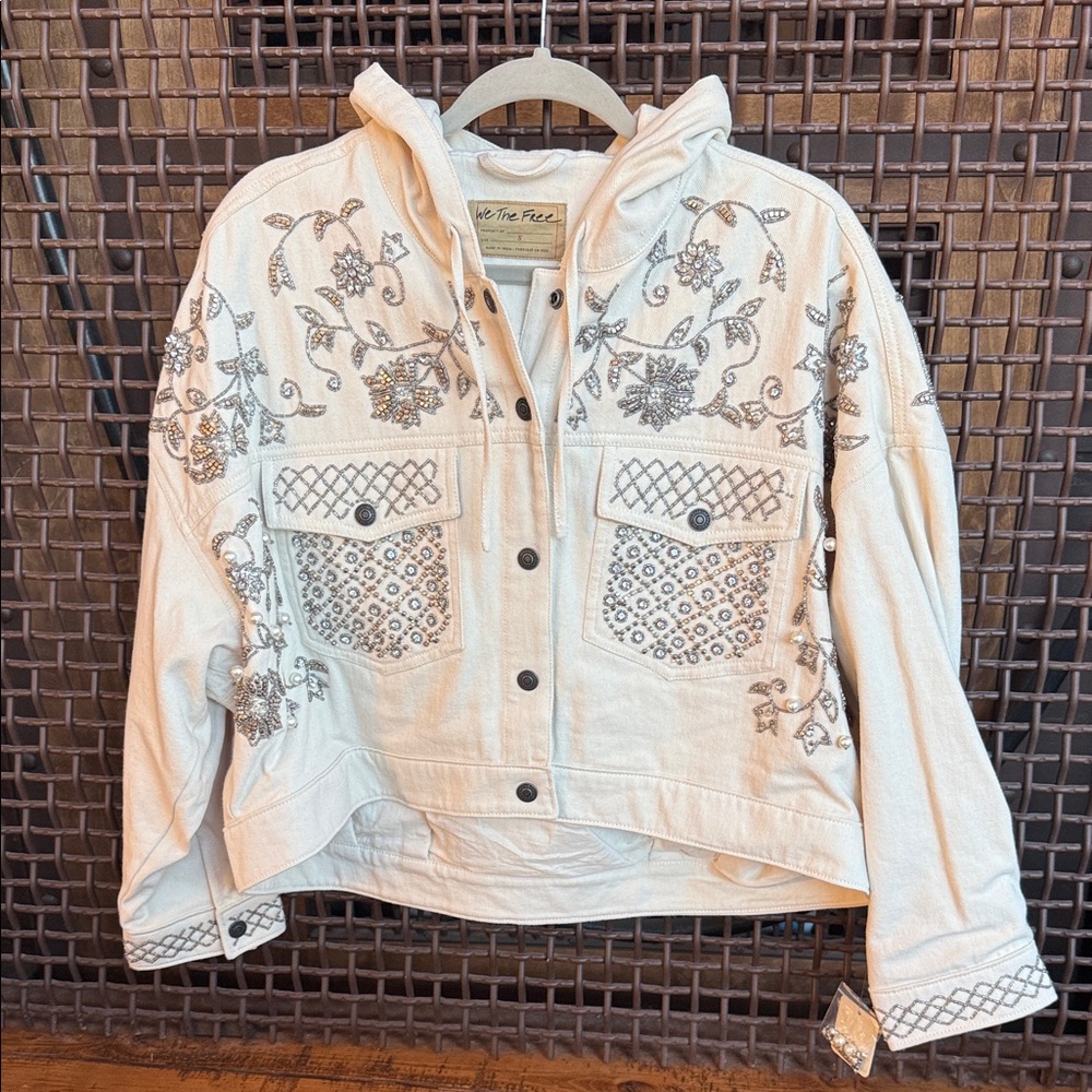 NWT Free People Moonlight Embellished Hooded Denim Jacket Small